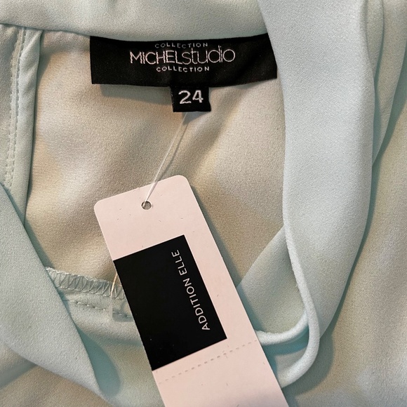 BLOUSE, BACK ZIPPER, ICY MINT, SIZE 24, LIGHT CREPE, MOCK NECK, LONG LENGTH, - Picture 7 of 10